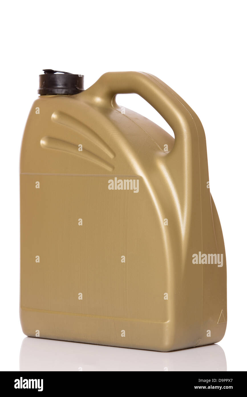 Golden motor oil canister. Isolated on white background. Stock Photo