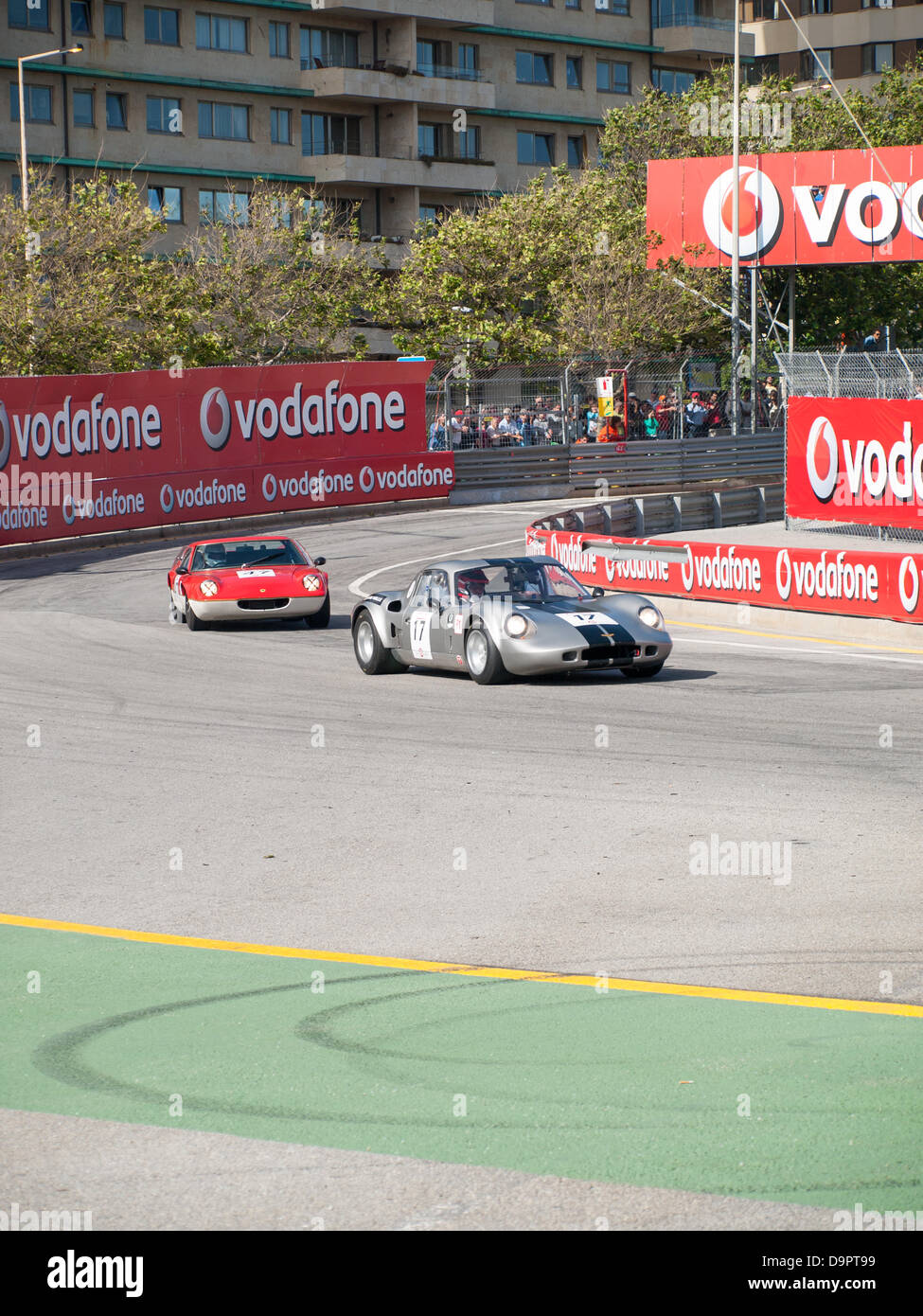 Oporto, Portugal, 22nd june 2013, Circuito da Boavista - Historic Grand Prix 2013 - Classic Endurance Racing Proto 2 L & GT, Qualifying 2, Jean Brandenburg / Jean-Luc George, driving car 17, a grey Chevron B8 BMW from 1968 (front car) and Jacques Roucolle / Joseph Zago, driving car 47, a red Lotus 47 from 1967 (back) Stock Photo