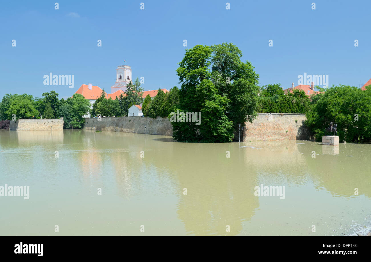Flooding Raba River at Bishop Castle Walls in Gyor, Hungary Stock Photo