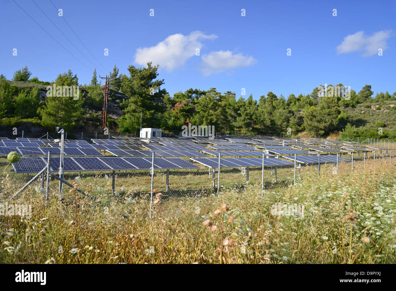 Field of solar panels near Monolithos, Rhodes (Rodos), The Dodecanese, South Aegean Region, Greece Stock Photo