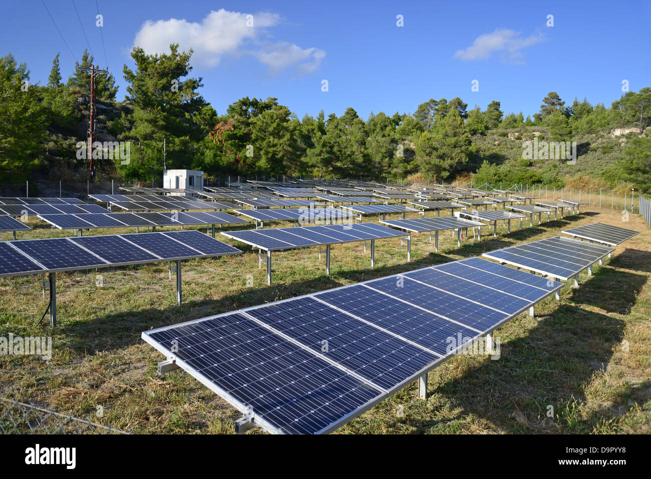 Field of solar panels near Monolithos, Rhodes (Rodos), The Dodecanese, South Aegean Region, Greece Stock Photo