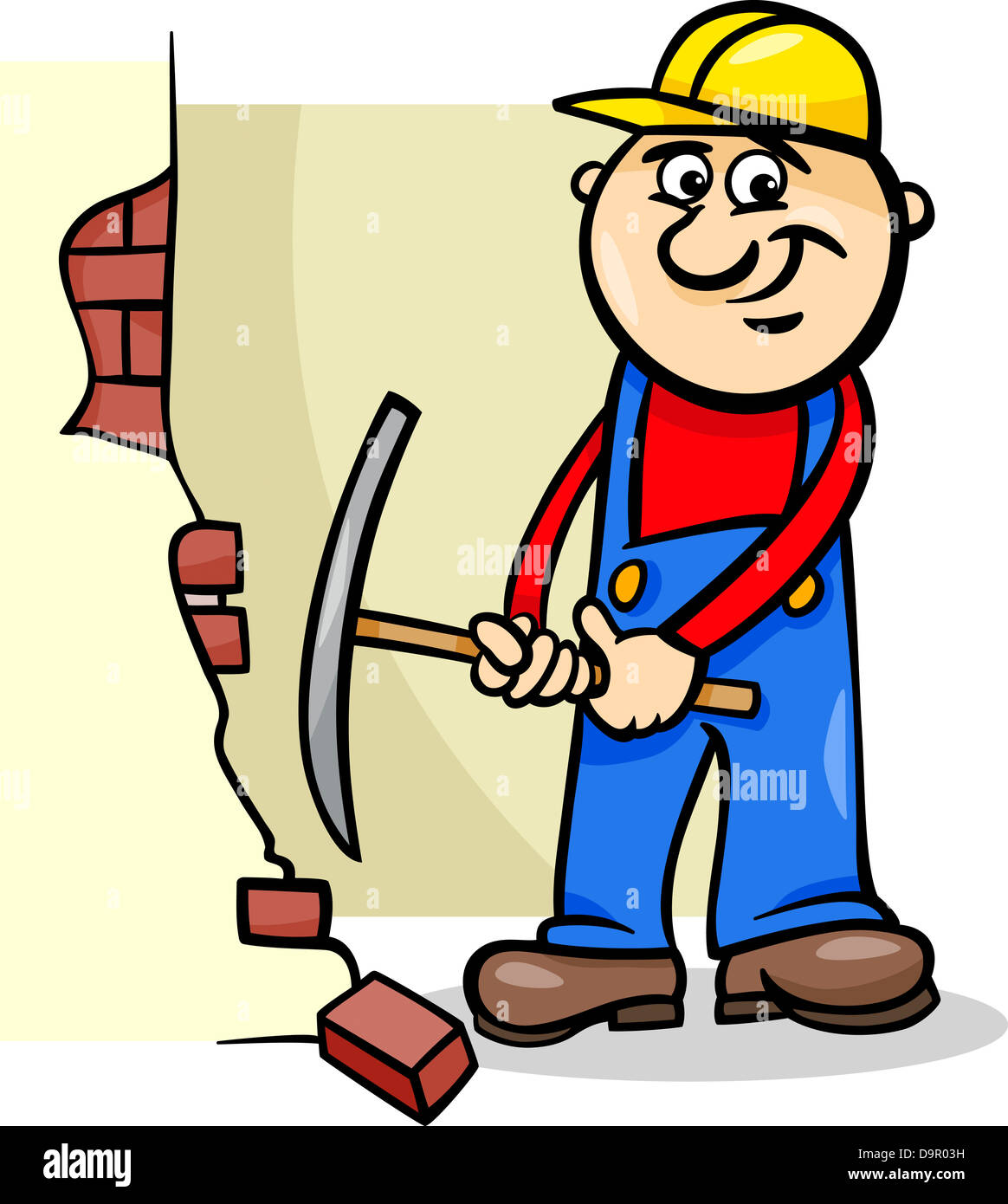 Cartoon Illustration of Man Worker or Workman Demolishing Brick Wall with a Pick Axe Stock Photo