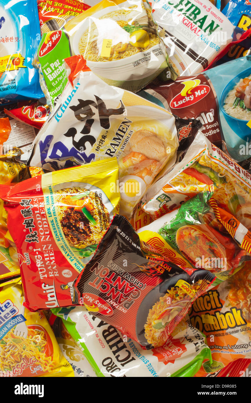 Packages of instant ramen noodles from all over Asia Stock Photo