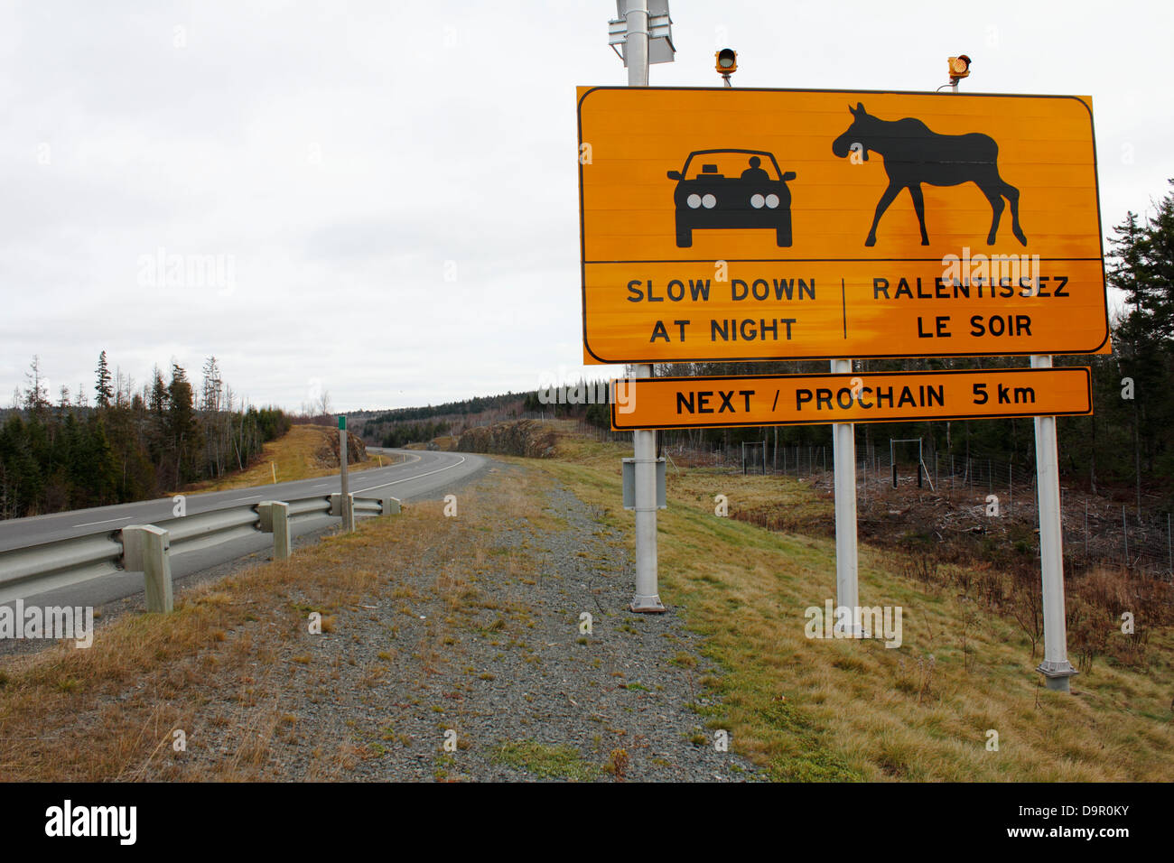 Moose road hazard warning sign on the trans Canada highway in New Brunswick Canada Stock Photo