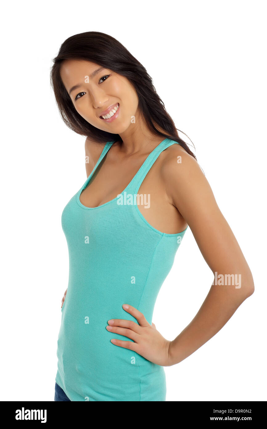 Beautiful Asian woman smiling on white background Stock Photo