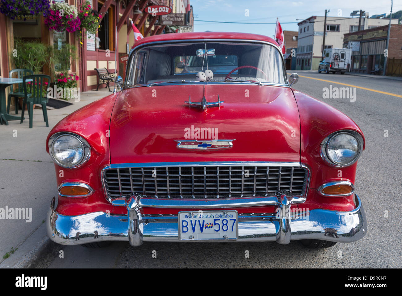 Old 1950's red Chevrolet car, Main Street, Greenwood, British Columbia, Canada Stock Photo