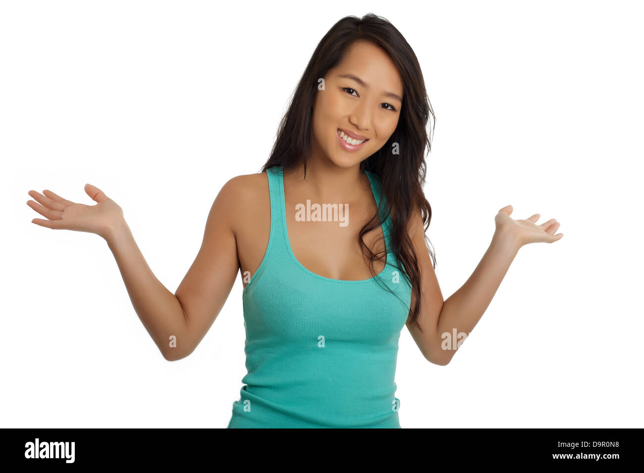 Smiling Asian woman welcome with open hand Stock Photo