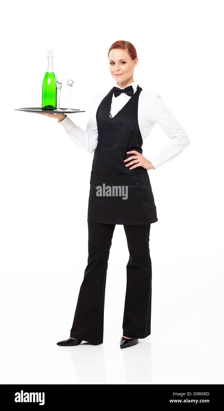 waitress with champagne and glasses isolated on white Stock Photo