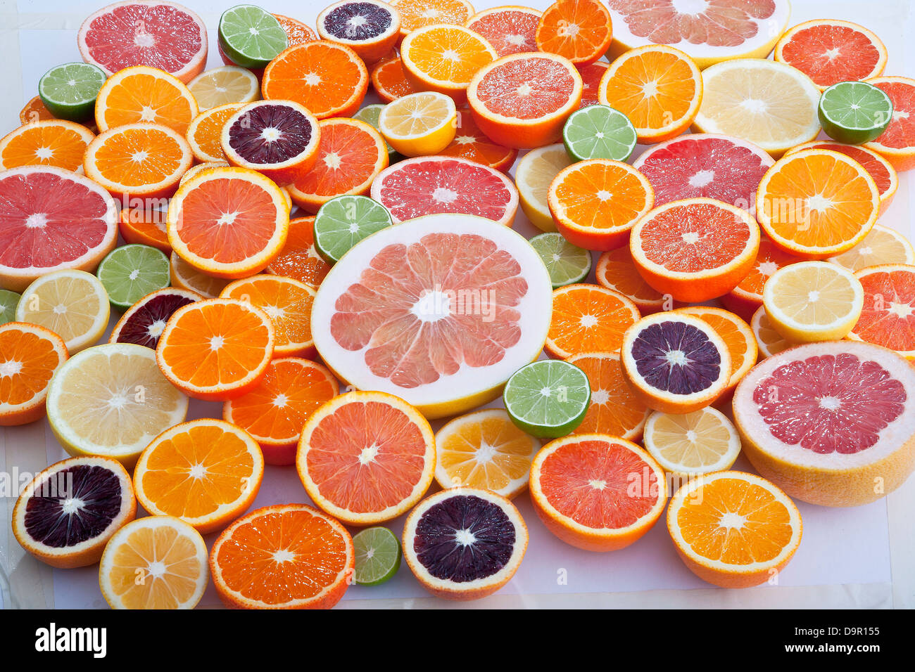 variety of cut citrus halves oranges grapefruit limes lemons Stock Photo