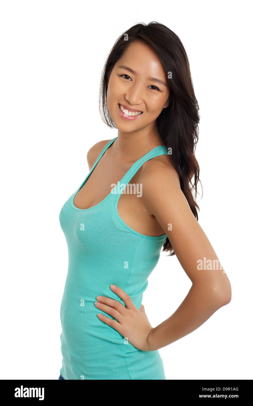 Beautiful Asian woman smiling on white background Stock Photo