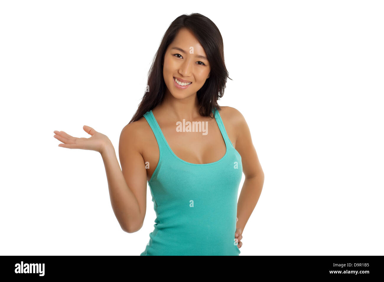 Beautiful Asian woman welcome open hand Stock Photo