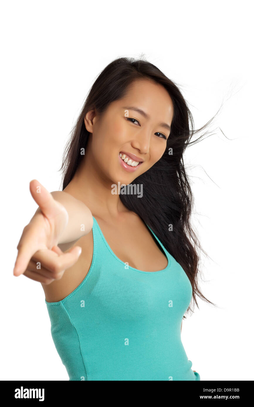 Beautiful Cheering Asian woman pointing finger to shoot Stock Photo