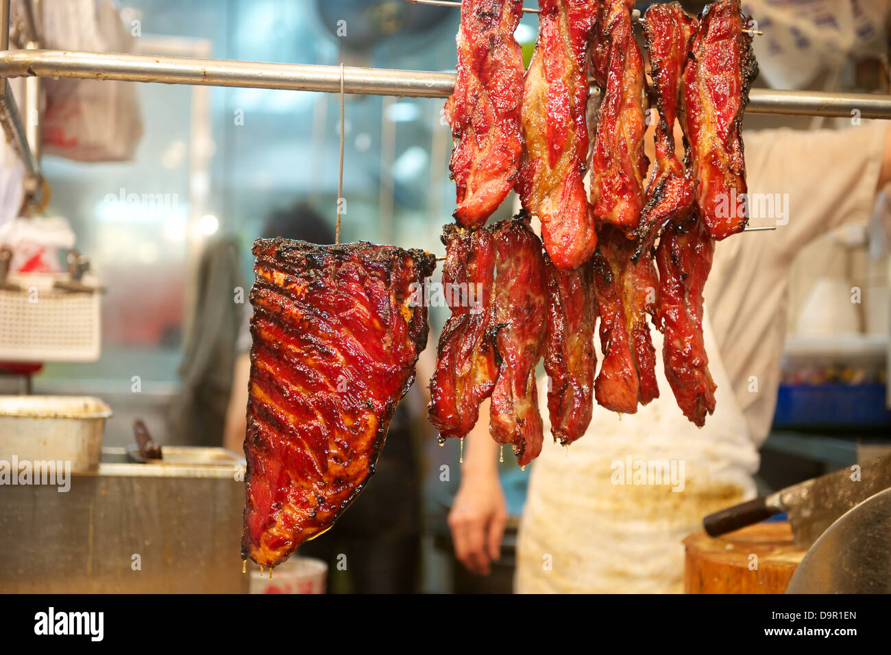 Chinese Chashao Barbecue meat in restaurant in Hong Kong Stock Photo