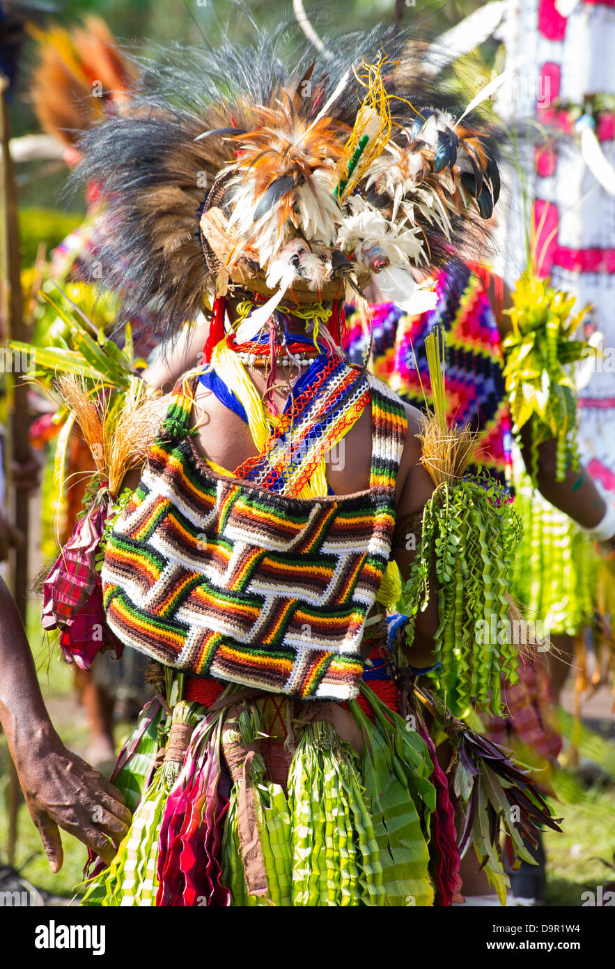 Woman wearing a tribal outfit and a bilum, Goroka Festival, Papua New Guinea Stock Photo