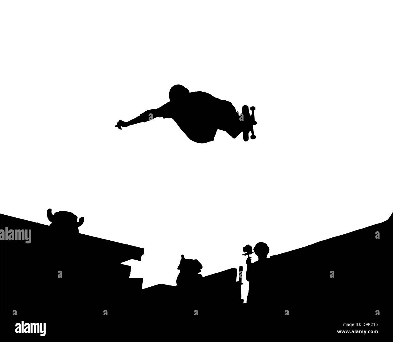 Silhouette Vector of skateboarding doing a indy frontside air Stock Photo