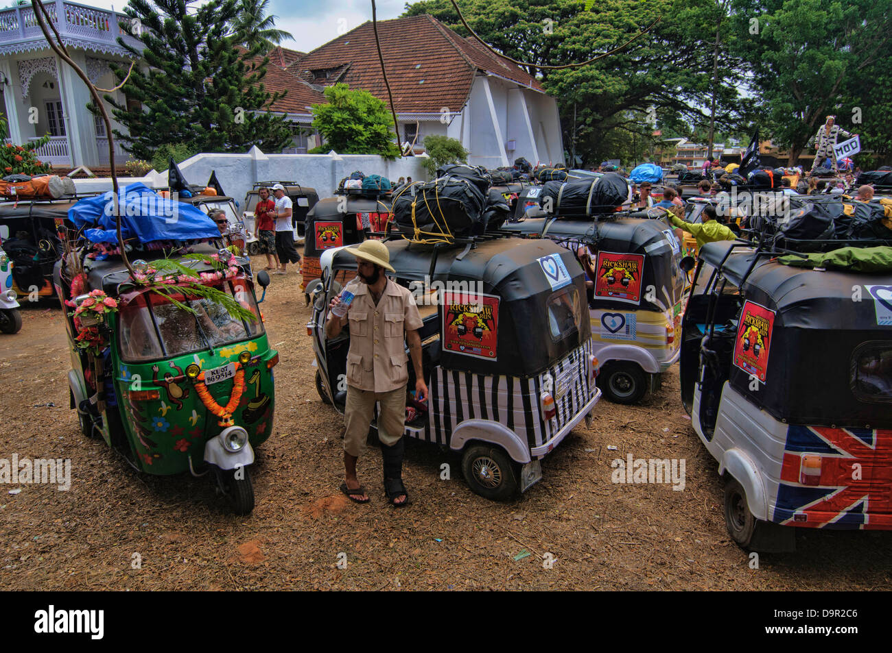 the great rickshaw race preparing to take off to ride across India in Fort Cochin (Kochi), Kerala, India Stock Photo