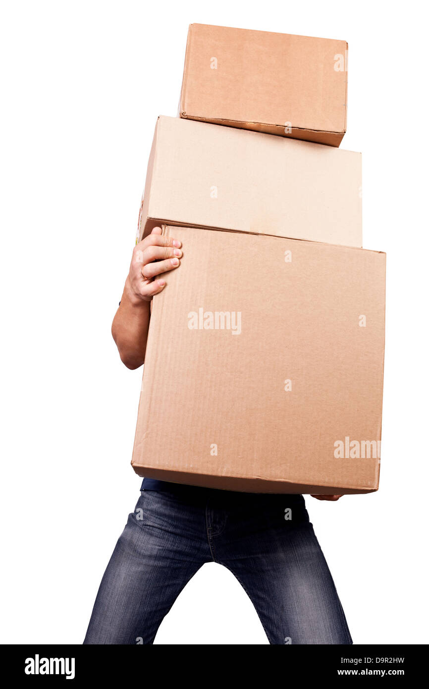 Man holding heavy card boxes, isolated on white Stock Photo