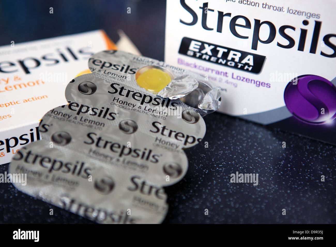 Packets of Strepsils sore throat lozenges Stock Photo