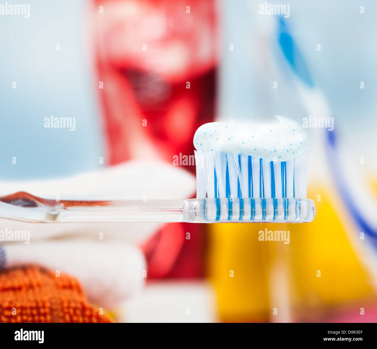 Closeup of a toothbrush with dental paste Stock Photo Alamy