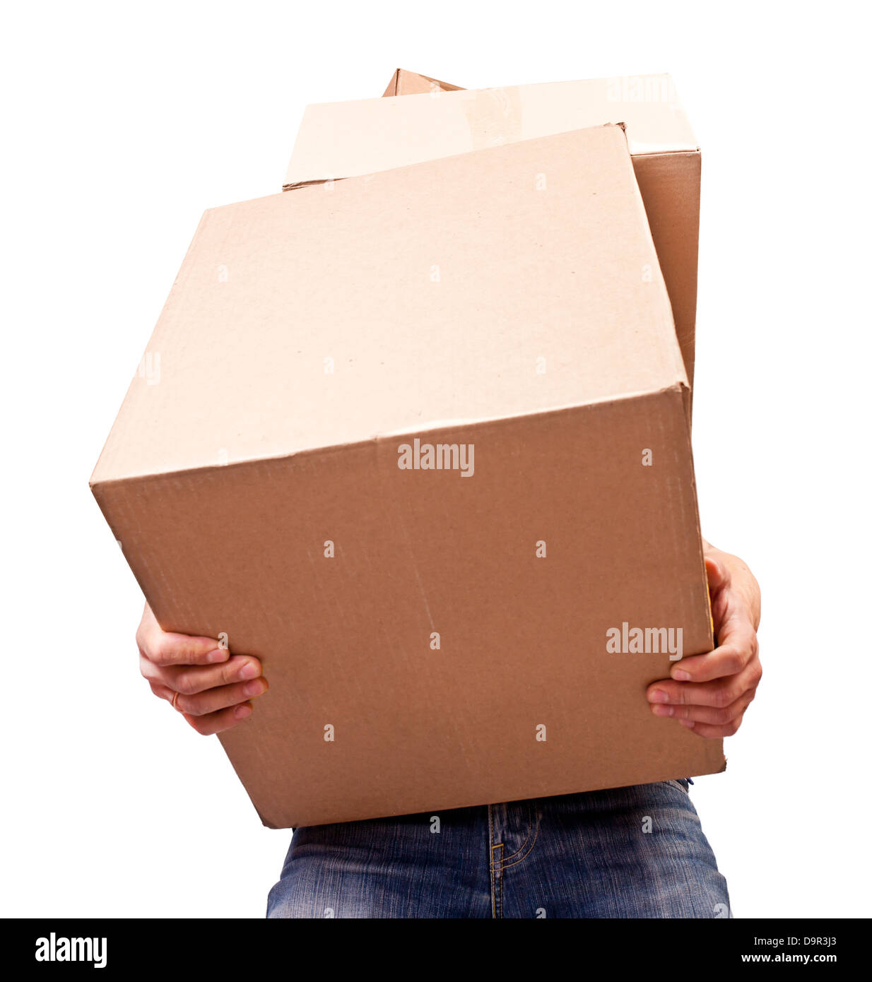 Man holding heavy card boxes, isolated on white Stock Photo Alamy