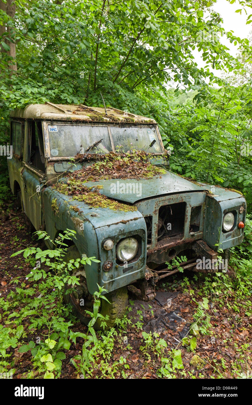 Old Land Rover 90 decaying in farmyard, England, UK Stock Photo
