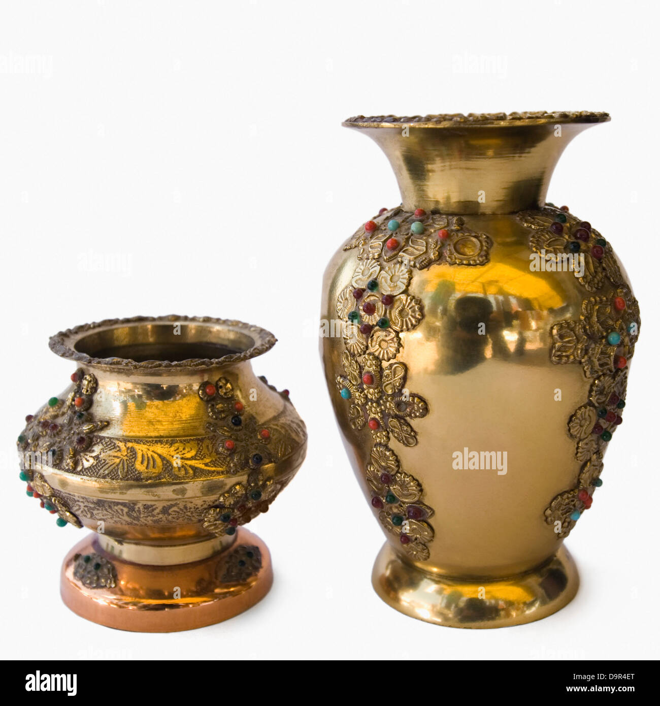 Close-up of antique decorative metal pots Stock Photo