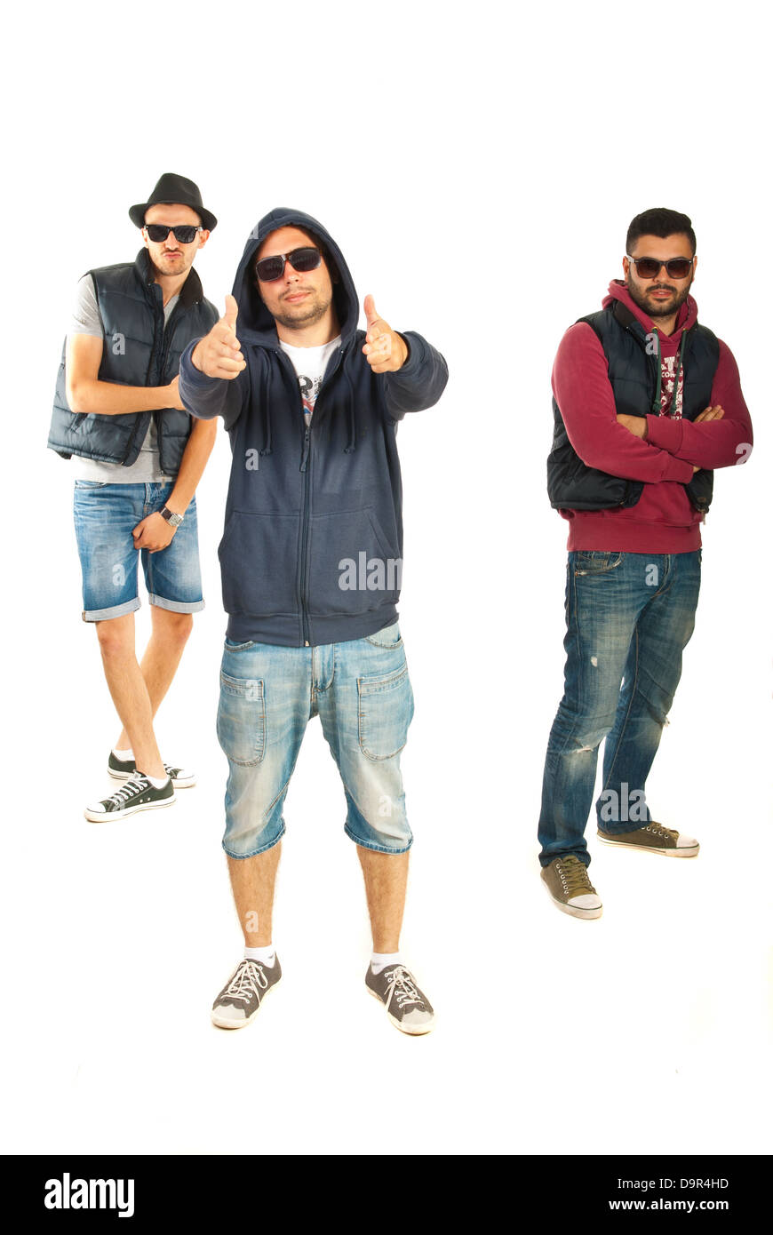 Three men rappers gesticulate isolated on white background Stock Photo