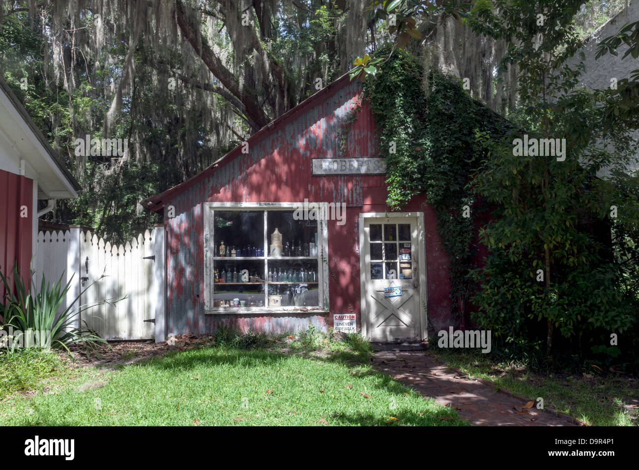 Antique shop facade and window in Micanopy's historic district. Stock Photo