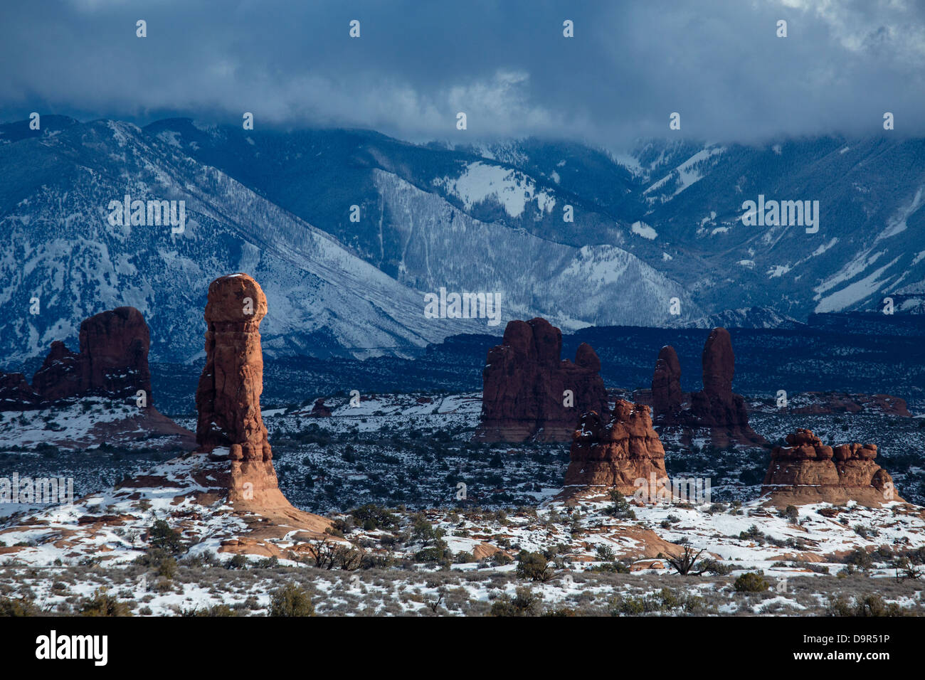 rock stacks in the Windows Section with the La Sal Mountains beyond, Arches National Park, Utah, USA Stock Photo