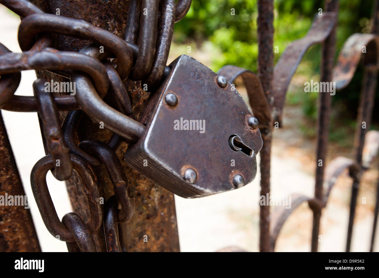 Close-up of a lock on a gate, Shravasti, Uttar Pradesh, India Stock Photo