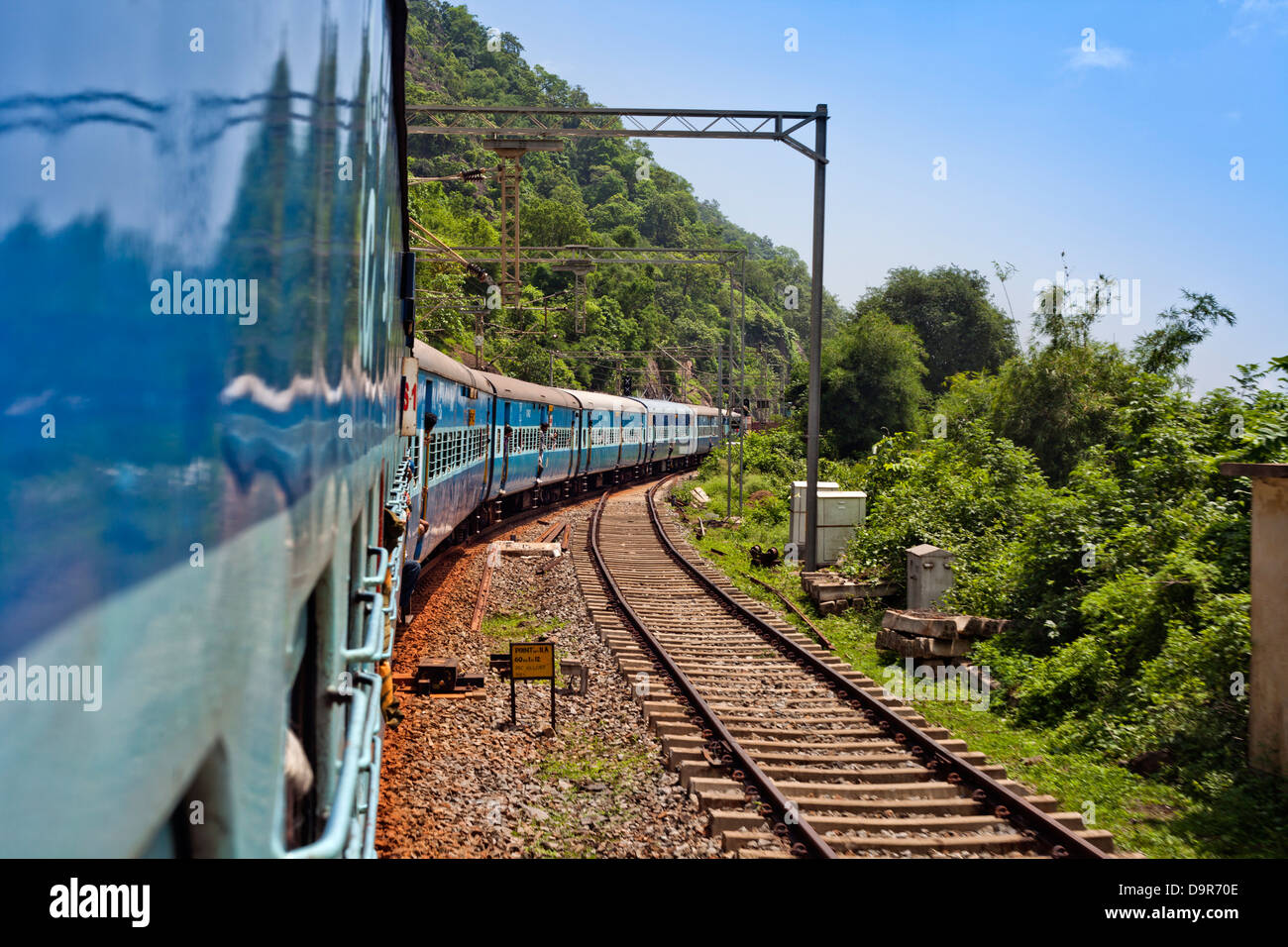 Train moving on a railroad track, Visakhapatnam, Andhra Pradesh, India