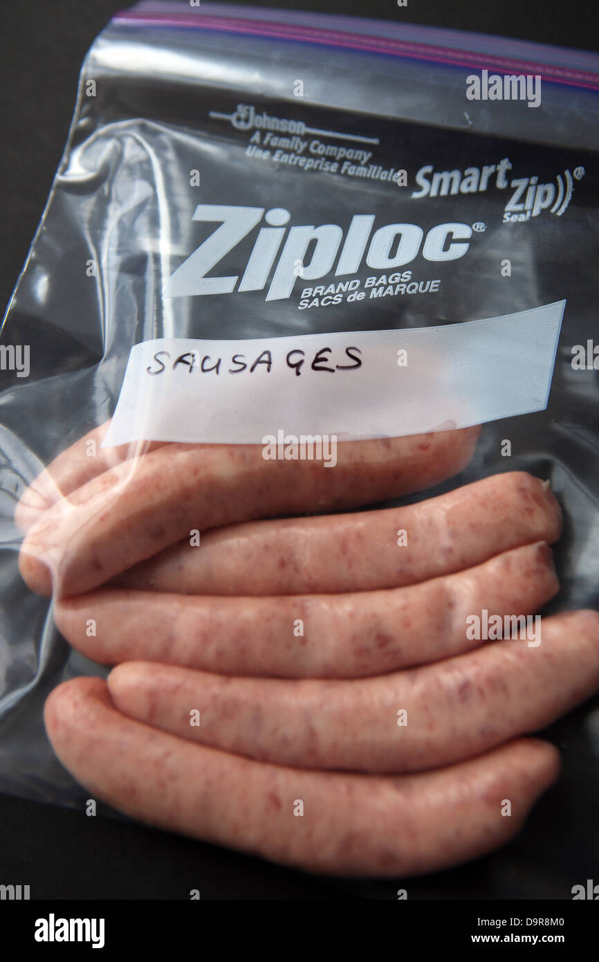 Sausages in Ziploc bag with the word sausages written on it Stock Photo