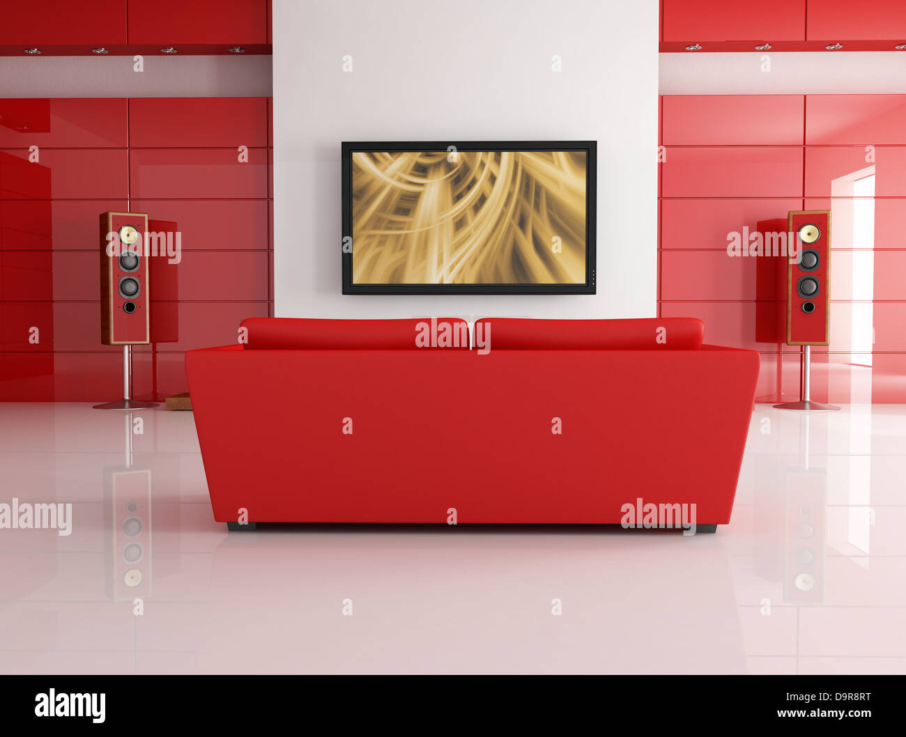 red leather sofa in a modern living room with home theater system