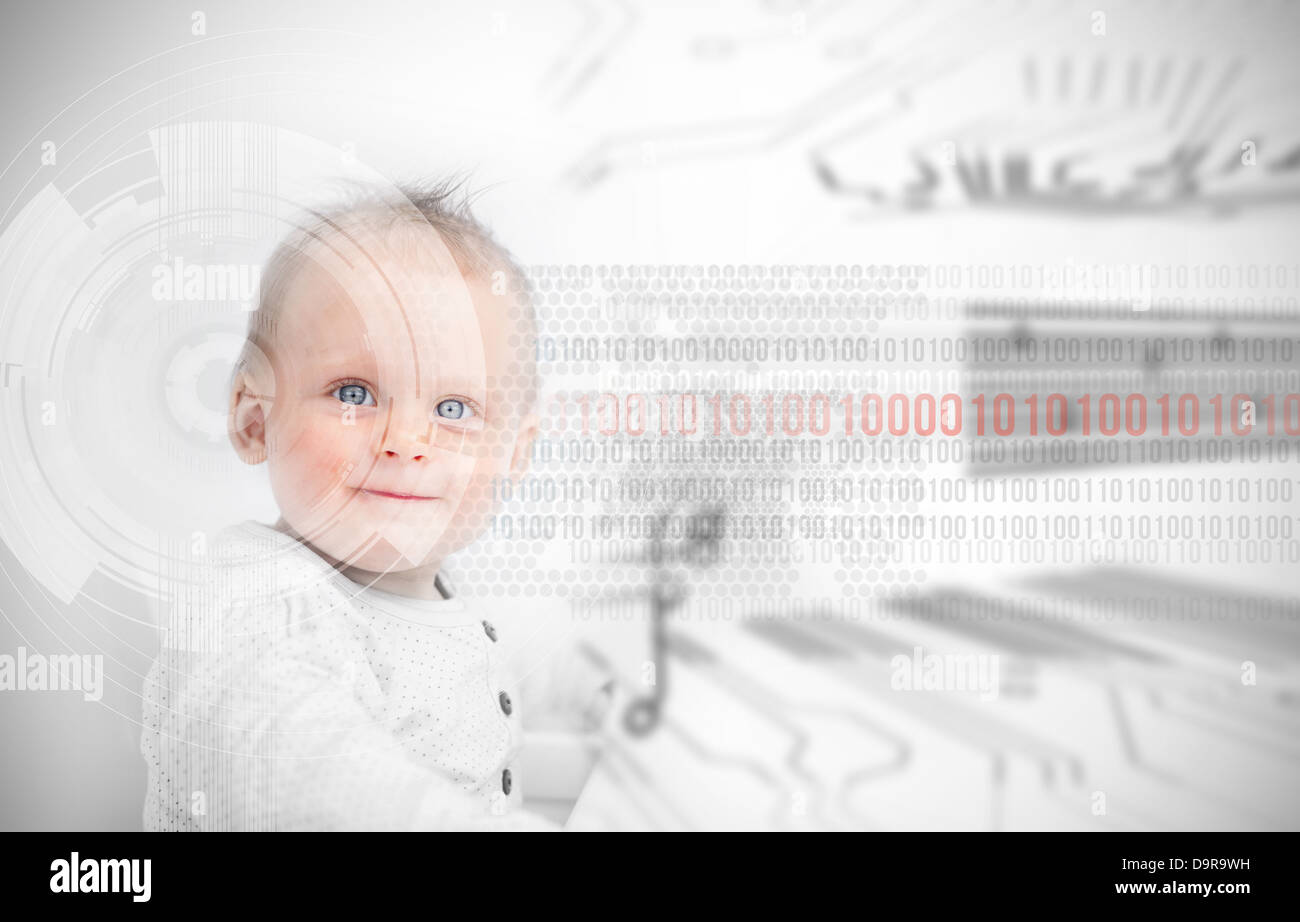 Portrait of a baby next to futuristic interface Stock Photo