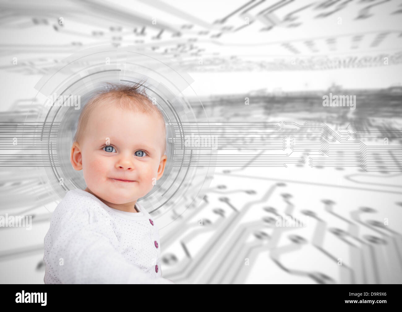 Portrait of a cute baby over futuristic interface Stock Photo
