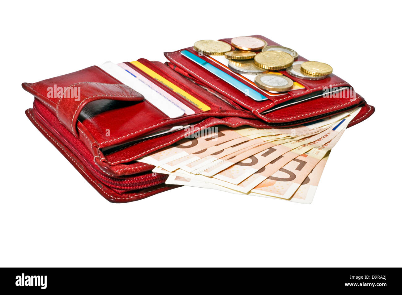 Red wallet with cards and euro money Stock Photo