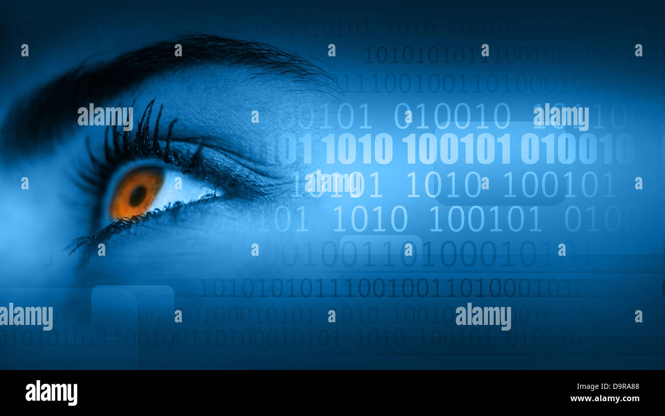 Close up of woman brown eye with futuristic background Stock Photo