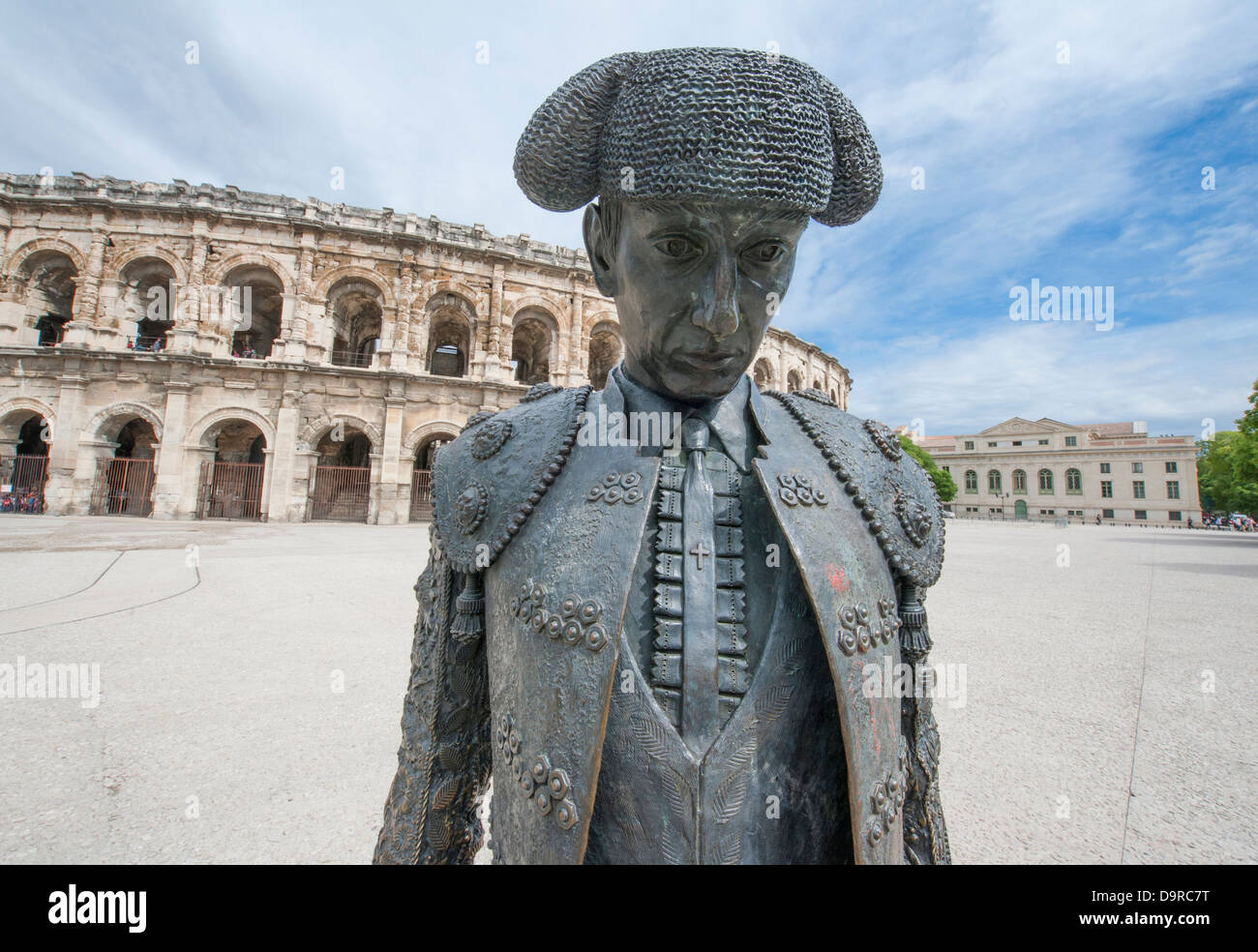 Statue of the famous bull-fighter Nimeño in front of Les Arénes in Nîmes, France Stock Photo