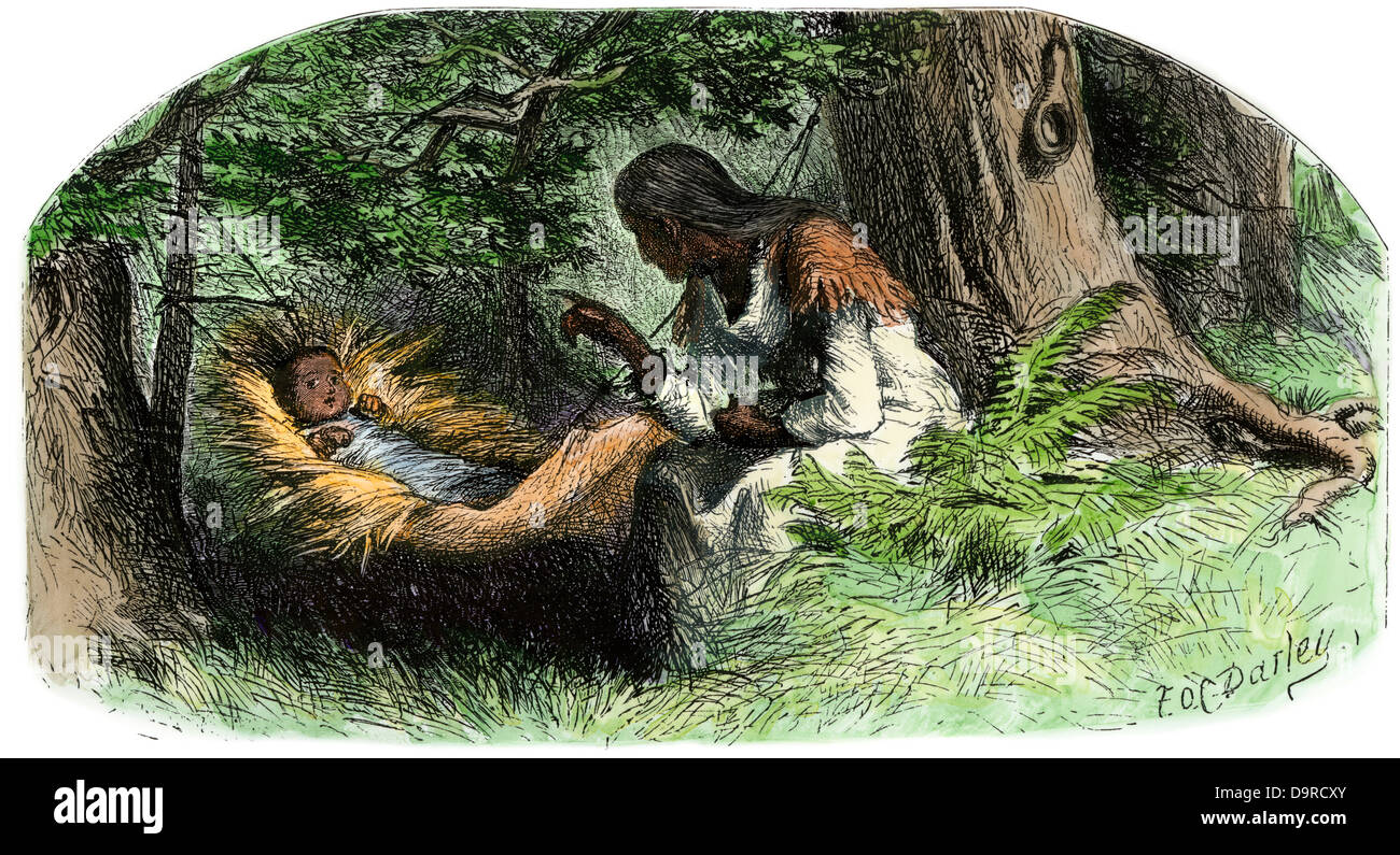 Native American woman rocking an infant in a hammock Hand-colored woodcut Stock Photo