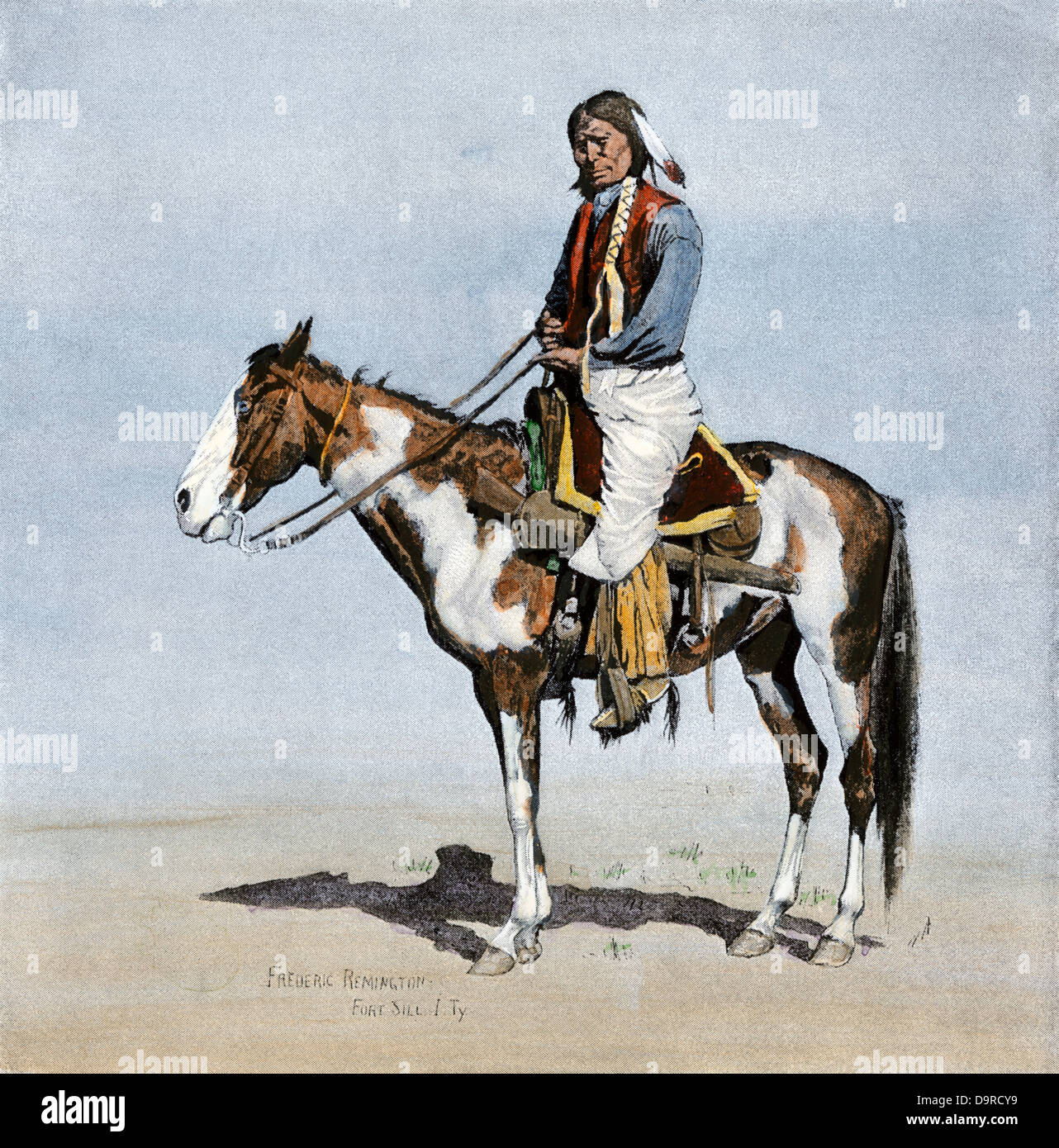 Comanche brave on horseback, 1800s. Hand-colored woodcut of a Frederic Remington illustration Stock Photo