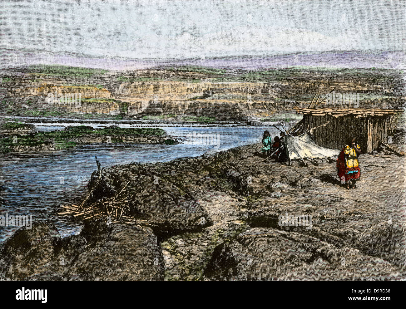 Native American fishing camp by the Columbia River, 1800s. Hand-colored woodcut Stock Photo