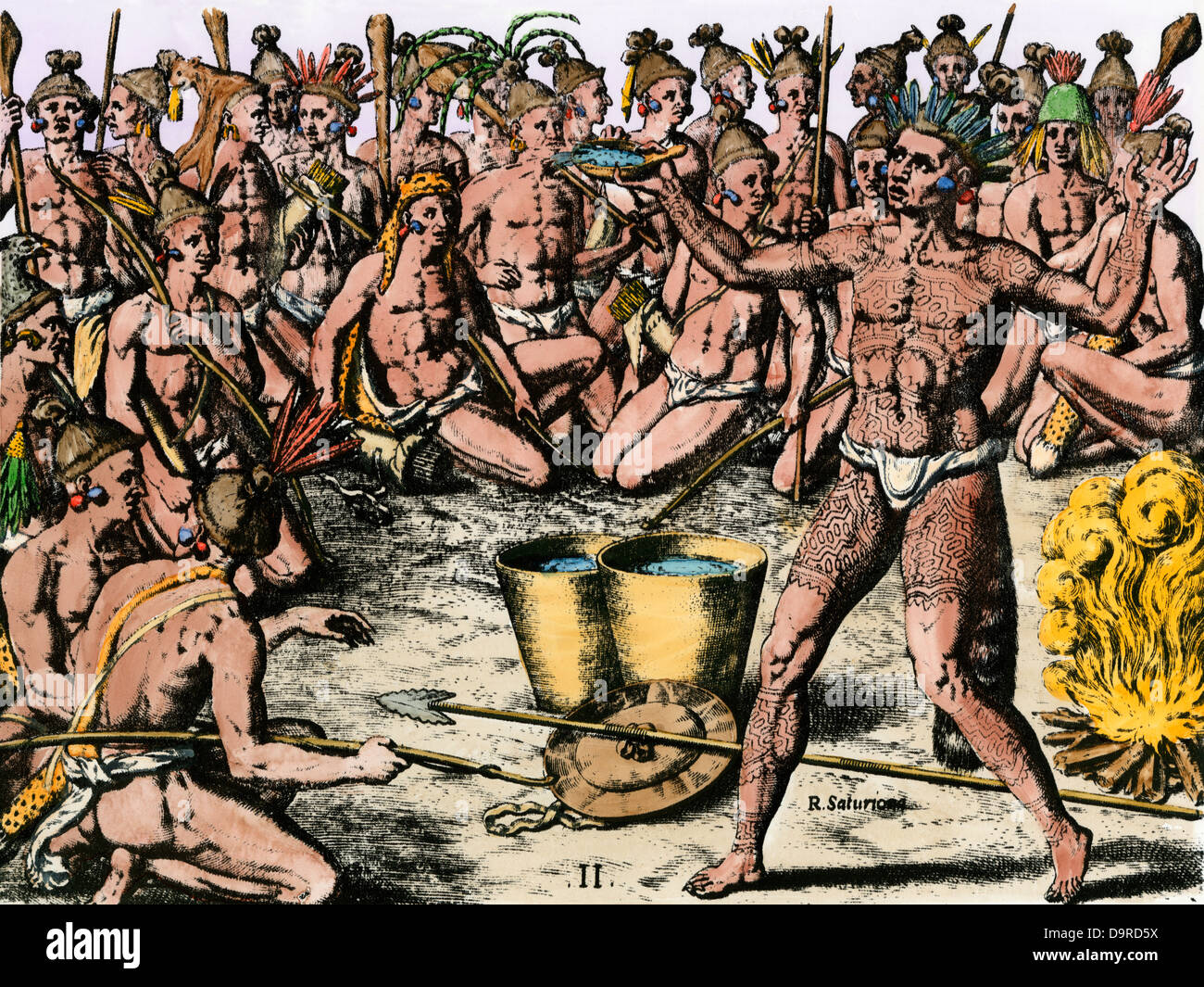 Timucua chief's ceremony before battle with neighboring tribes, Florida, 1500s. Hand-colored woodcut of DeBry engraving of a LeMoyne painting Stock Photo