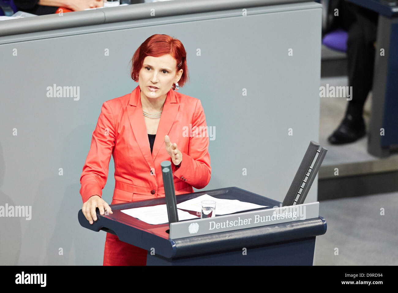 Berlin, Germany. 25th  June, 2013. The Bundestag is holding a special session on 'Helping the victims of the flood misery'. German Chancellor Angela Merkel is giving a government statement on the aids for the vitims of the flood misery providing immediate help and reconstruction. Picture: Katja Kipping, Linke Party leader, speaks at the Special session of the Bundestag on 'Helping the flood victims' in berlin. Credit:  Reynaldo Chaib Paganelli/Alamy Live News Stock Photo