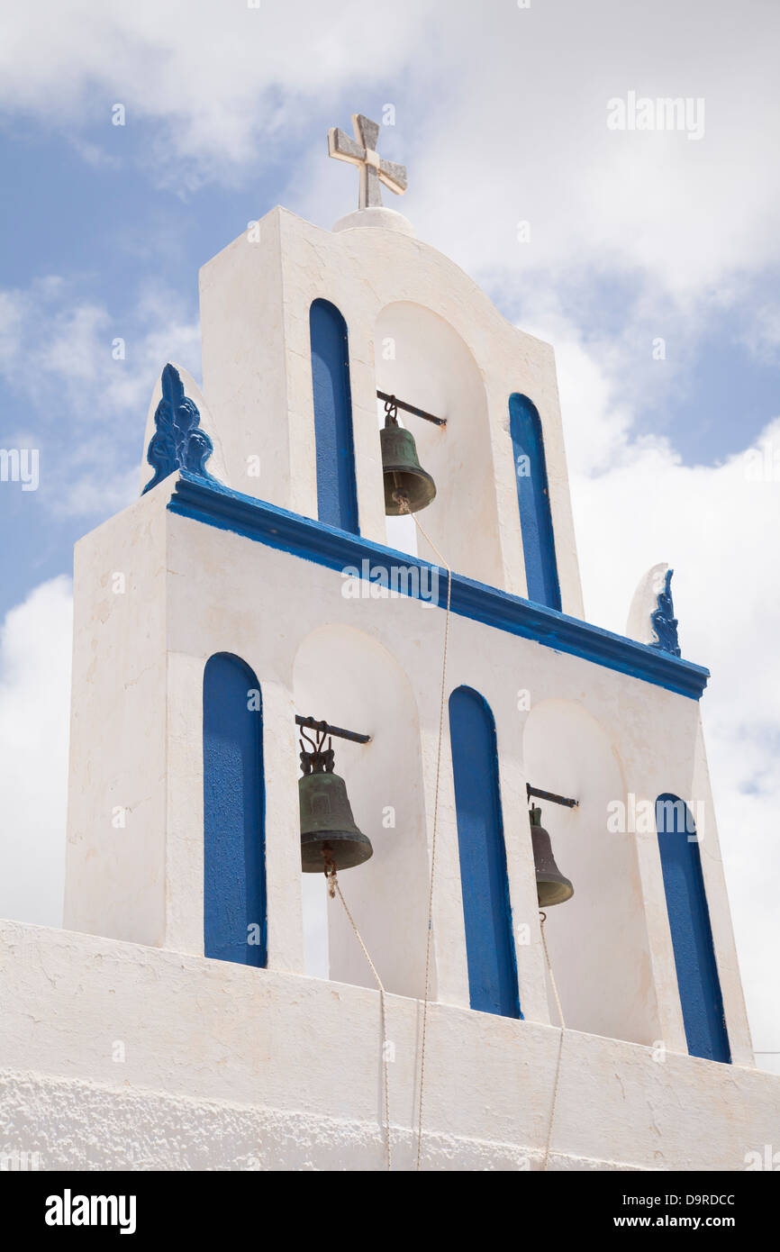 Blue and white church bells in Pyrgos, Santorini, Greece. Stock Photo