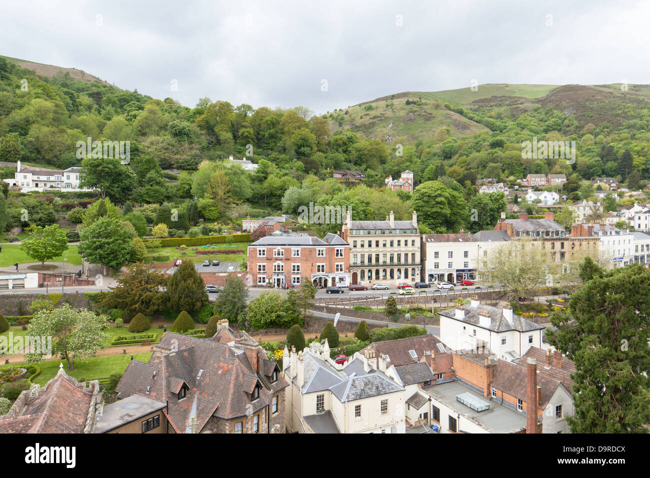 Great Malvern town below the Malvern Hills from the tower of Great