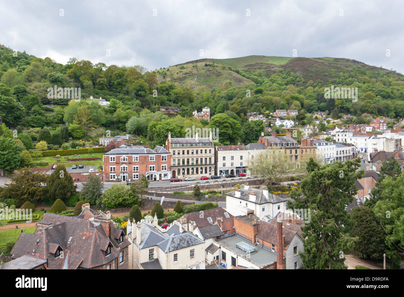 Great Malvern town below the Malvern Hills from the tower of Great Malvern Priory