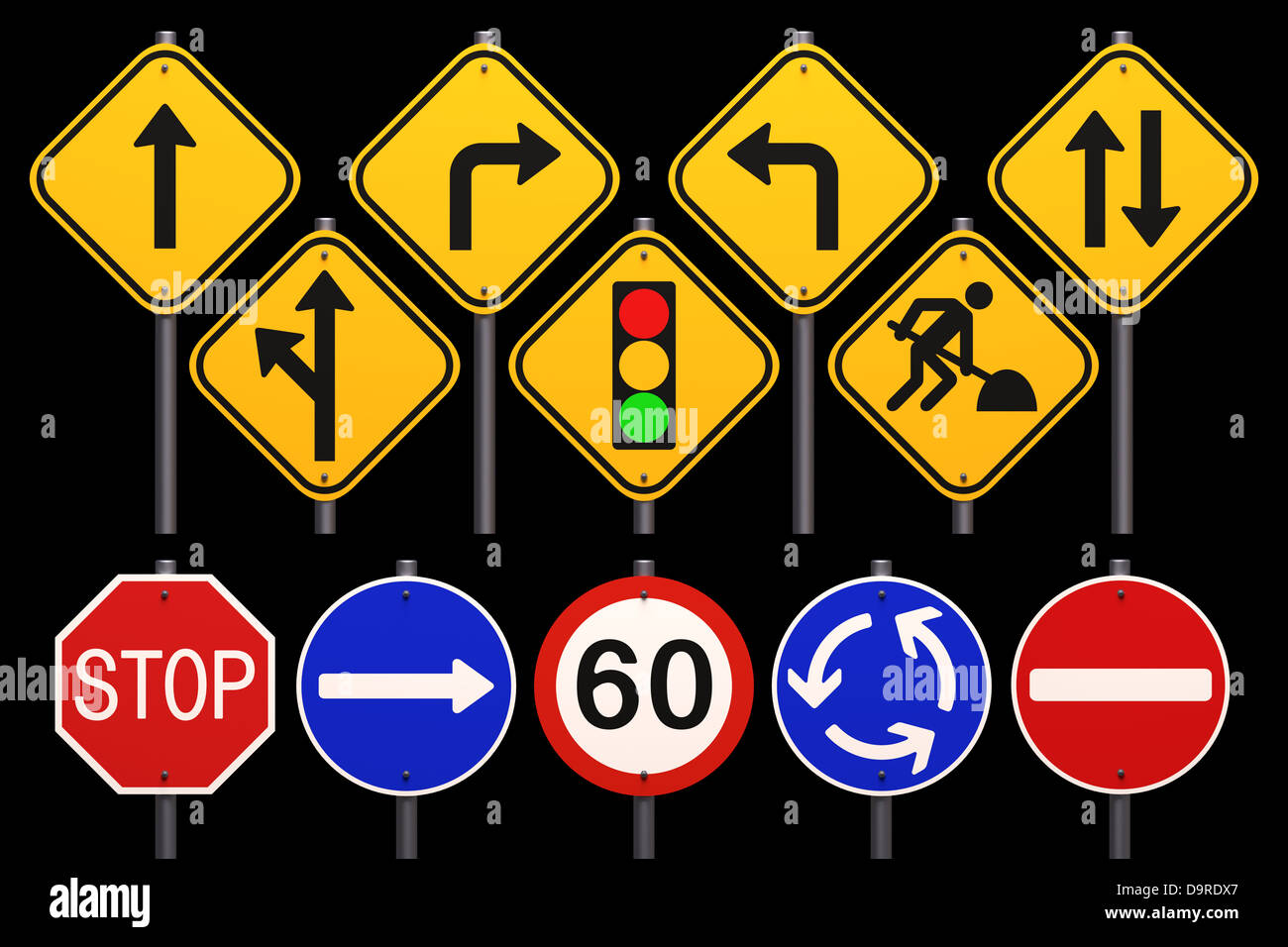 Road sign on black background Stock Photo - Alamy