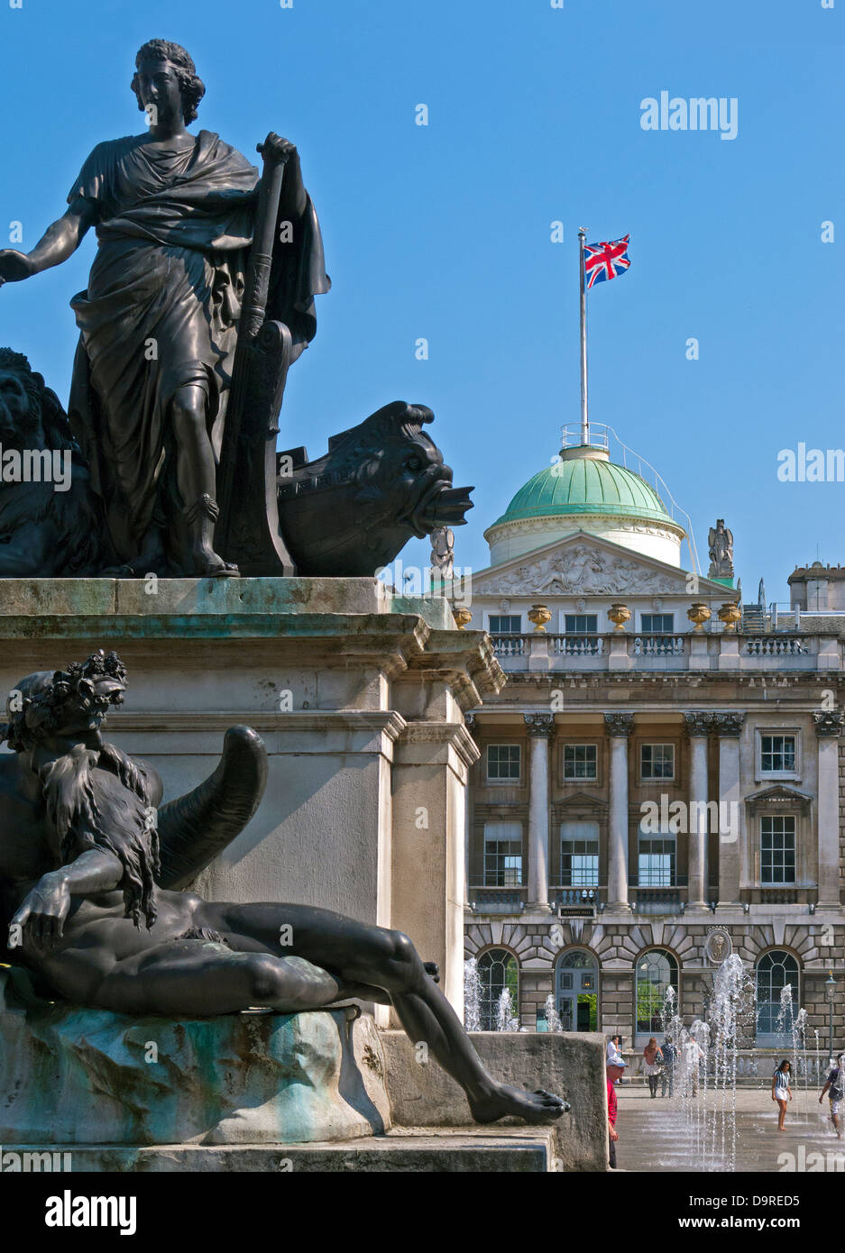 Somerset House and courtyard with statue of George III and Old Father Thames in foreground Stock Photo