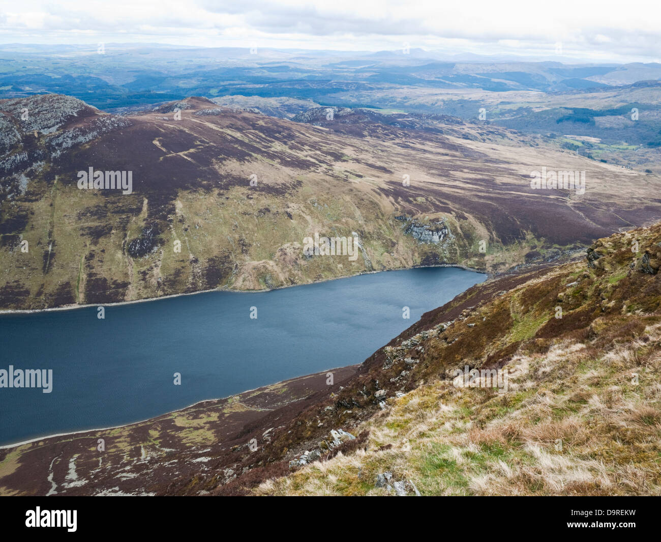 Llyn Cowlyd reservoir, beneath Creigiau Gleision, viewed from Pen Llithrig y Wrach, Carneddau mountains, Snowdonia Stock Photo