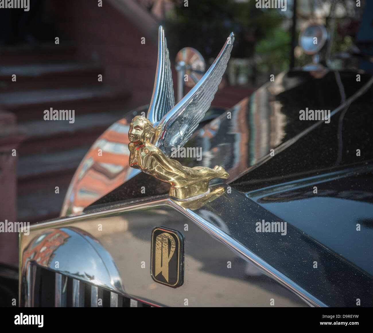 Hood ornament of a vintage restored 1924 Rolls-Royce hearse owned by Isaiah Owens, of the Owens Funeral Home Stock Photo